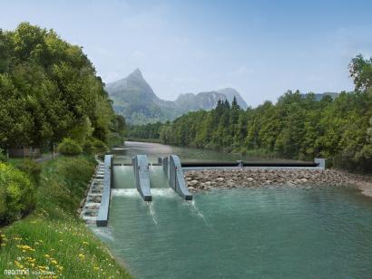 Visualisierung des ökologischen Wasserkraftwerks an der Nonner Rampe.
